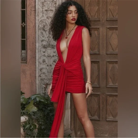 House of CB Aliza Plunge Draped Mini Dress - Picture 2 of 11